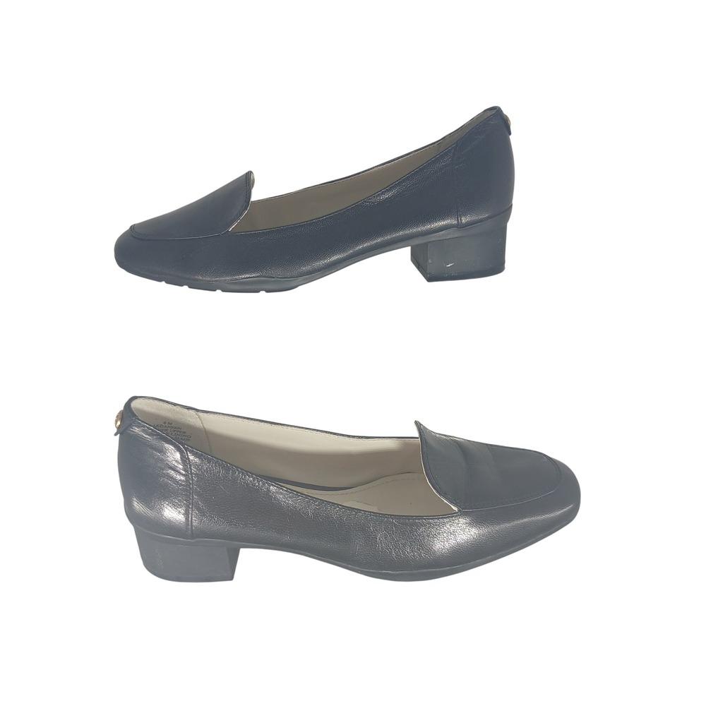 Anne Klein Akdaneen Black Leather Loafer Pumps Square Toe Block Heel‎ Womens 6M